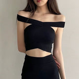 Autumn New Street Women's Sexy Fashion Word Collar Shoulder Ultra-Short Hollow Leak Bandage Vest 68HZ