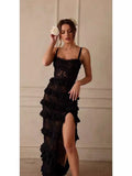 Spring And Summer Sexy Bare Back Sling Lace Perspective Shoulder Wave Repair Side Of The Skirt Dress 68HZ