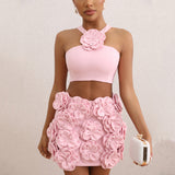 New Sexy Suit Top Hanging Neck Decoration Flower Skirt Temperament Women's High-End Short Dress Two Sets 68HZ