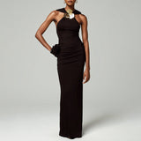 Famous Wind Hanging Neck Dress Dress 2025 New Niche Metal Buckle Decoration Slimming Long Dress Woman 68HZ
