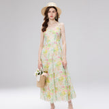 French Court Wind Shattered Flowers Hanging Dress Women's Summer Net Yarn Hollow Waist Design Chic Dress 68HZ