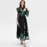Fashion Scarf Long-Sleeved Green Rose Print Long Dress Spring And Summer Women's New 2024 68HZ