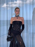 Autumn/Winter 2024 New Black Lace Breast Dress Long Dress Women's Gloves Three-Piece Set 68HZ