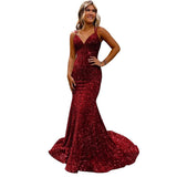 Lieling Ball Dress Body-Bagged Fishtail Small Tail Evening Dress Fine Shoulder-Band V-Neck Party Dress 68HZ