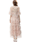Heavy Industry Embroidered Short Sleeve Splicing Round Collar Lotus Leaf Side Long Dress Dress Autumn And Winter Women's Dress New 68HZ