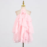 Temperament Sexy High-End Short Dress 2025 Summer New Hanging Neck Three-Dimensional Flower Design Strapped Sleeveless Dress 68HZ