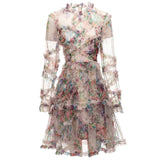 Heavy Industry Lotus Leaf Side Sexy Perspective Apricot Print Long-Sleeved Short Dress New Women's Clothing Early Autumn 2024 68HZ