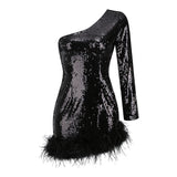 Autumn Dress 2025 High-End Women's Sexy One-Shoulder Collar Long-Sleeved Dress Feathers 68HZ