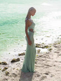 Boutique Women's Seaside Resort Design Sense Hanging Neck Sling Green Dress Heavy Fishtail Skirt 68HZ