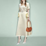 Elegant Wind V-Neck Waist-Skinny Dress 2025 New Niche Design Sense Splicing Three-Dimensional Flower Dress Woman 68HZ