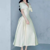 Vietnamese Niche Design Shoulder Bow Design Feel Dress To The Waist Of The Thin Swing Dress 100-Fold Dress Dress 68HZ