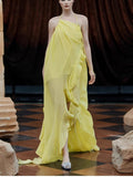 Naughty Fashion Show-Back Vintage Linen-Backed Lint-Slanted Shoulder-Hanging Neck Dress Dress Female Designer 68HZ