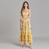 Holiday Blue And White Porcelain Beauty Sling Dress 2025 Summer Dress New Waist Pressure Folding Commuting Print Dress 68HZ