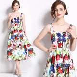 Suspension Dress 2024 Summer Vacation House Cotton Yellow Rose Print Big Swing Princess Fairy Mid-Long Dress 68HZ
