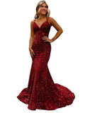 Lieling Ball Dress Body-Bagged Fishtail Small Tail Evening Dress Fine Shoulder-Band V-Neck Party Dress 68HZ