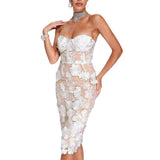 Elegant Lace Three-Dimensional Flowers Decorated With White Sexy Thoracic Dress Light Luxury Dinner Dress 68HZ