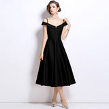 French Temperament Gold And White Shoulder Sling Dress Female Senior Feeling Princess Waist Dress 68HZ