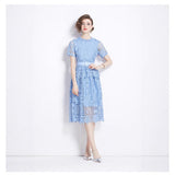 Vintage Court Style Temperament Short-Sleeved Round-Neck Waist Thin A-Word Hook Lace Dress Elegant Dress 68HZ