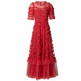 Sexy At The Same Time Round Collar Short-Sleeved Lotus Side Red Splicing Cake Dress Dress Women's Spring And Summer 2025 68HZ
