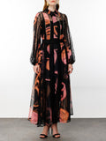 Temperament Waist Display Thin Dress 2025 New Collar Printing Design Lace Long Dress Dress Women's Summer 68HZ