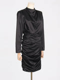 2025 Spring Festival New Temperament Women's High-Grade Black Short Dress High-Necked Ass Tos-Dressed Folded Dress Woman 68HZ