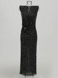 High-End Women's Hot Diamond Sexy Fork Perspective Sleeveless Dress Thin Ass Dress Dress 68HZ