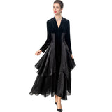 Velvet Stitching Tulle Sexy V Collar Long Sleeve Lotus Side Black Cake Dress Women's Spring 2025 68HZ