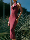 Sexy Dress Women's Sexy Bare Back V-Neck Suit Medium Long Dress Tight-Fitched And Forked Hanging Neck Dress 68HZ