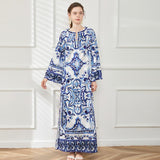 Vintage Blue And White Porcelain Printed Dress Women Summer Seaside Beach Dress Loose Meat Cover Sunscreen Open Fork Dress 68HZ