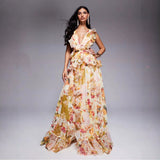 Sexy Women's New Stylish Elegant Fine Shoulder With Lotus Leaf Side V-Neck Print Dress 68HZ