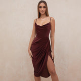 Direct Sales 2025 Spring And Summer New Slings Solid Color V-Neck Irregularly Folded High-Waisted Dress Dress 68HZ
