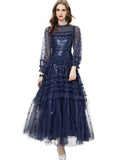 Round Lantern Long-Sleeved Mesh Yarn Heavy Lumini Glide Lotus Leafy Puffy Long Dress Dress Dress Autumn 2024 68HZ