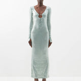 Fashion High-End Women's Sexy Leash V-Neck Horn Sleeve Dress Under The Fork Dress Dress 68HZ