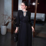 Small Group Liu Jialing With The Same Water Drill Ostrich Hair Decoration Long-Sleeved Holiday Chiffon Dress SP 68HZ