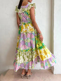 2025 New Fashion Lotus Leaf Side Sexy Word Collar Design Print Waist Slim Dress Dress Women Summer 68HZ