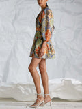French Retro-Print Dress 2025 New Temperament V Tie Collar Collar Slimming Short Skirt Woman 68HZ