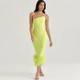 Women's Green French Sling Dress Women's Ostrich Hair Splicing Temperament High-End Thin Sling Skirt 68HZ