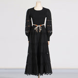 French Retro High-End Long Dress 2025 Spring New Hollow Tie Solid Color Waist Thin Dress Woman Trend 68HZ