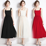 Summer New French Temperament Square Necker Sling Dress Women's Waist Thin Dress A Word Fluffy Long Dress 68HZ