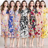Summer Banquet Famous Wind V-Neck Bubble Sleeves Body-Brace Hip Three-Dimensional Flower Lace Dress 68HZ