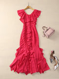 Nanyou New Short-Sleeved Lotle Side New Spring And Summer 2024 Body-In-En-Brician Elegant Folded Fish Tail Mid-Long Dress Dress 68HZ