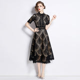 French High-End Lace Splicing Round Collar Dress Women's New Summer Waist Thin Temperament Big Swing Dress Dress 68HZ