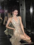 Evening Dress Heavy Industry Party High-End Light Luxury Niche Famous Temperament Flash Hanging Neck Wedding Dress Robe 68HZ