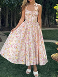 Summer Sexy Women's Broken Flowers Hanging Neck Dress Spring And Summer Women's High-End Feeling Body Out-Back Resort Style Long Skirt 68HZ
