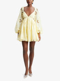 Sexy Deep V-Neck Bubble Sleeves Solid Dress 2025 New Fashion Hollow Back Design Short Dress Woman 68HZ