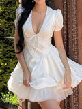 New Sexy Deep V Short Sleeves Crumid Summer French Dress Sweet Spicy Fashion Puff Small Dress Summer Dress 68HZ