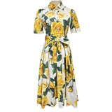 Yellow Rose Print Short Sleeve Single Buckle With Waist Cotton Dress Spring And Summer Women's New 2024 68HZ