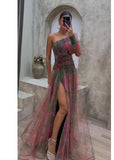 Summer New Women's Sexy Slant Shoulder Shoulder Long Sleeve Broken Flower Dress Dress High-End Big Swing Flowers 68HZ