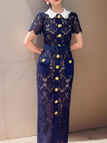 French Spring And Summer Tibetan Cyan Small Fragrant Wind Heavy Lace Hollow Metal Buckle Belt Repair In The Long Dress SP 68HZ