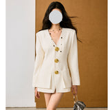 New White Small Suit Small Dress Small Design Sense V-Neck Embossed Metal Buckle Waist French Temperament Suit Jacket Woman 68HZ